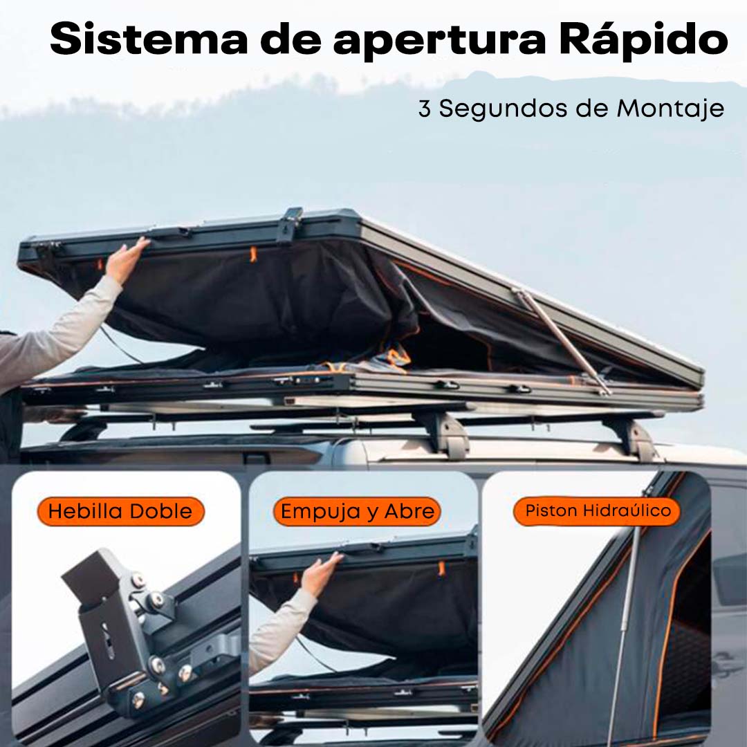 Sistema apertura rápida 3 segundos tienda de techo Altamira – hebilla doble y pistón hidráulico tienda techo coche Overvian