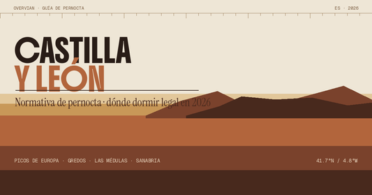 Normativa de pernocta en Castilla y León 2026: banner editorial con sierra al atardecer y tipografía monumental Overvian