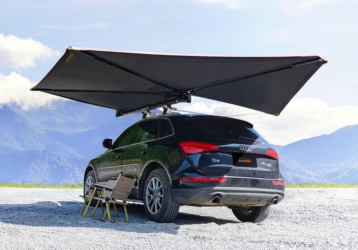 Toldo lateral negro Mistral 270cm en Audi Q5 con silla de camping – toldo para coche toldo camper 4x4 Overvian
