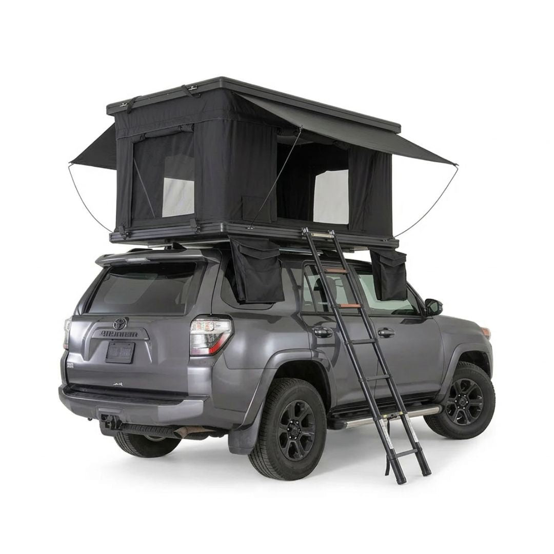Tienda de techo Namibia EVO abierta vista trasera Toyota 4Runner – tiendas techo coche toldo 4x4 carcasa rígida Overvian