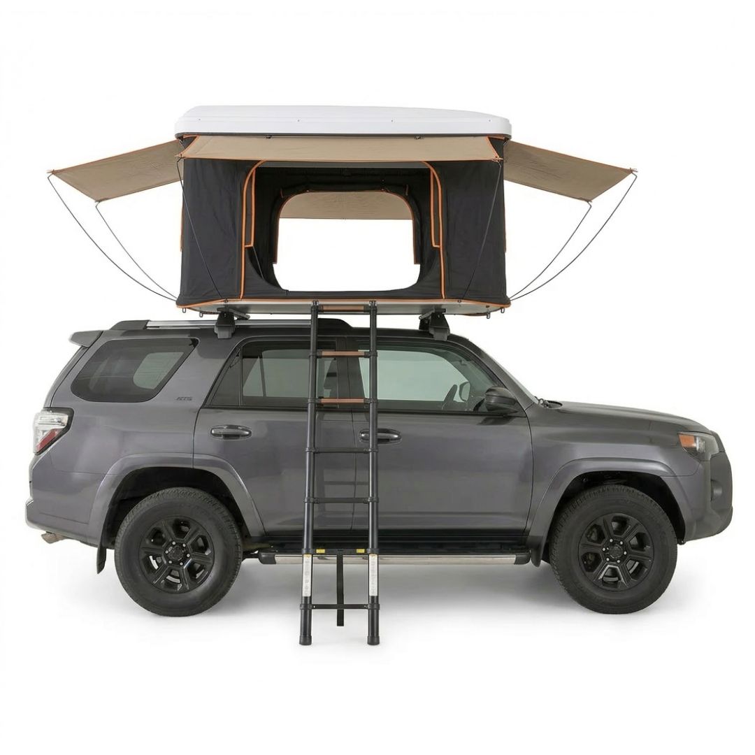 Vista lateral tienda de techo Namibia Classic abierta Toyota 4Runner – tienda de campaña para coche carcasa rígida Overvian