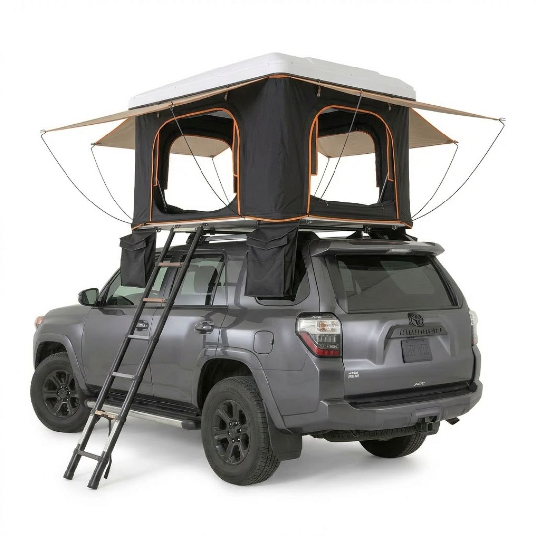 Tienda de techo Namibia Classic abierta vista trasera Toyota 4Runner – tiendas techo coche carcasa rígida toldo camper Overvian