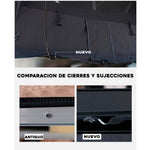Comparación cierres y sujecciones Sirocco XL nuevo vs antiguo – mecanismo mejorado tienda techo coche lona blanda Overvian